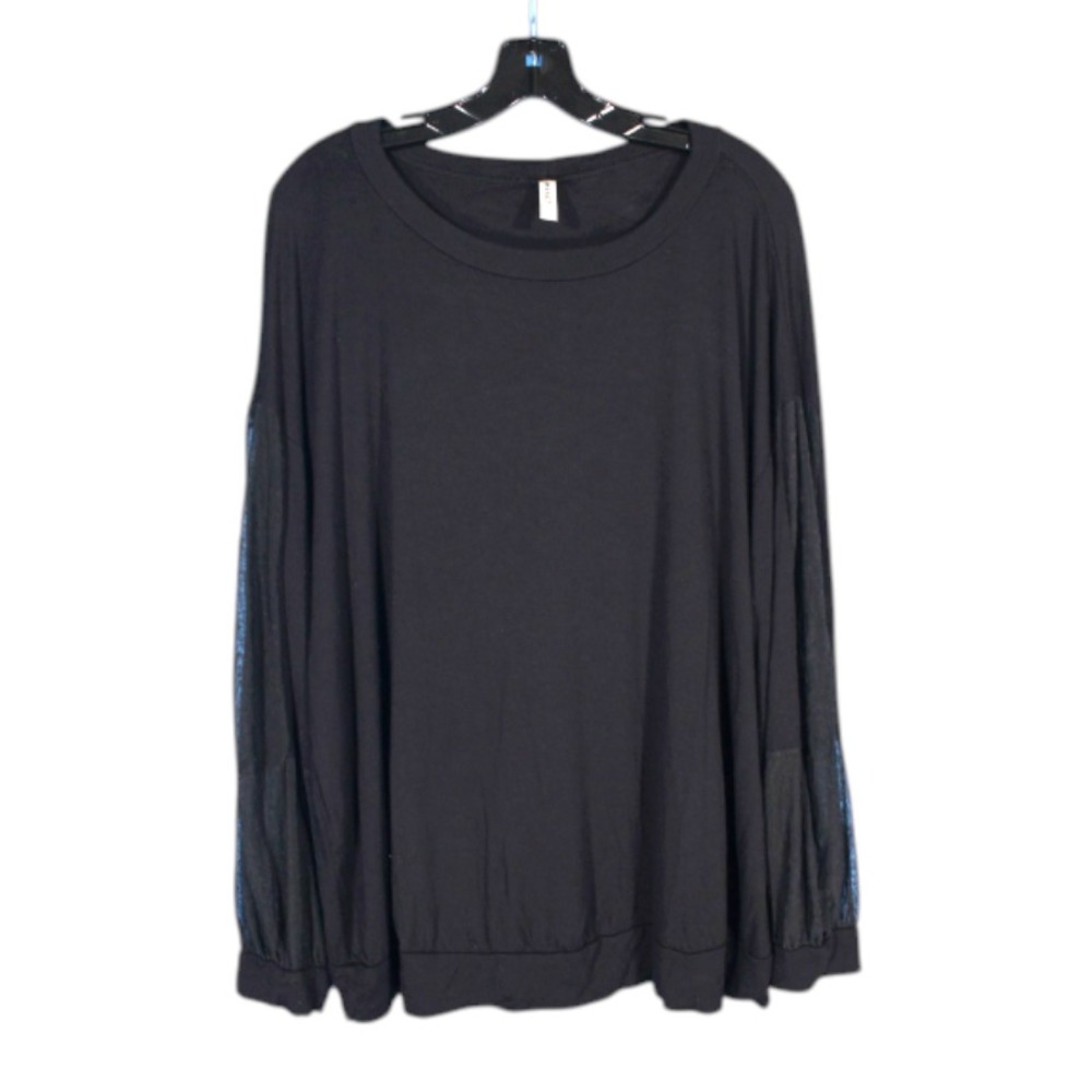 EMERALD Stretch Knit SEMI-SHEER MESH SLEEVES Black PULLOVER Blouse/Top Sz 1X